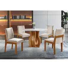 Conjunto Sala de Jantar Mesa Nuance 110cm Redonda Tampo Vidro/MDF com 4 Cadeiras Monaco Yescasa Cinamomo/Creme/Off White