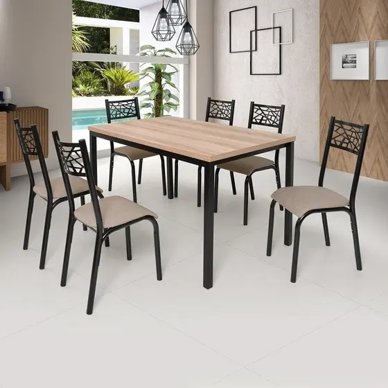 Conjunto Jade Flex 1,36m Tampo Laminado com 6 Cadeiras Preto/Bege/Carvalho