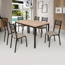 Conjunto Jade Flex 1,36m Tampo Laminado com 6 Cadeiras Preto/Bege/Carvalho