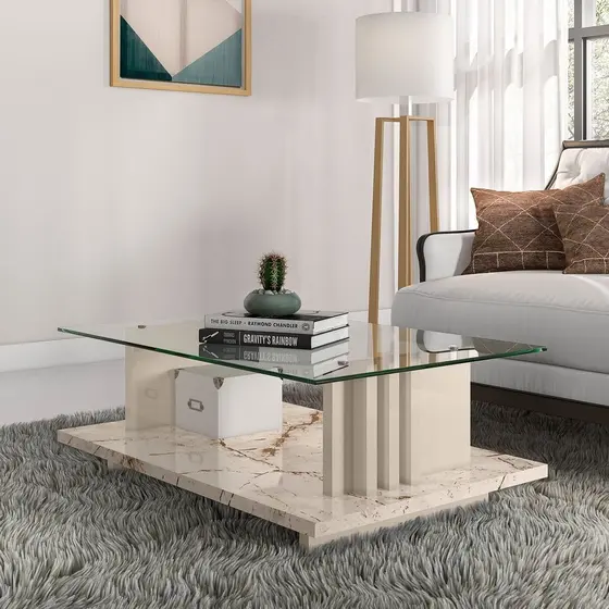 Mesa Centro para Sala de Estar Retangular Frizz Branco Calacata/Off White Calacata/Offwhite