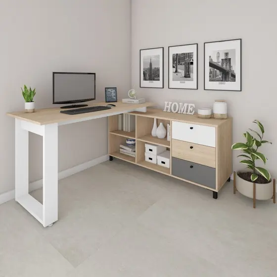 Escrivaninha Mesa Escritório e Home Office em L Home Office 3 Gavetas 4 Nichos 160,3cm Industrial Carvalho E Grafito E