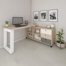 Escrivaninha Mesa Escritório e Home Office em L Home Office 3 Gavetas 4 Nichos 160,3cm Industrial Carvalho E Grafito E