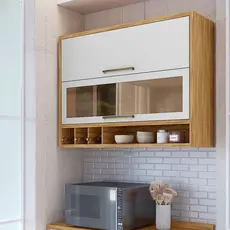 Armário Aéreo de Cozinha 120cm 2 Portas Basculantes Vidro Reflecta 100% MDF Vicenza Espresso Móveis Amêndoa/Branco