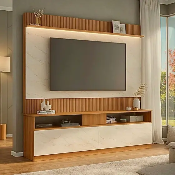 Rack com Painel Ripado para TV até 70 Polegadas 182cmx172cm Rio Branco Marrom Manchester/Mármore Manchester/Mármore