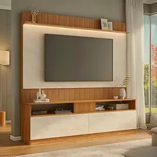 Rack com Painel Ripado para TV até 70 Polegadas 182cmx172cm Rio Branco Marrom Manchester/Mármore Manchester/Mármore
