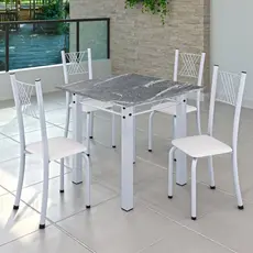 Conjunto de Jantar Mesa 70x70cm Tampo de Granito Topázio com 4 Cadeiras Sara Yescasa Branco Liso