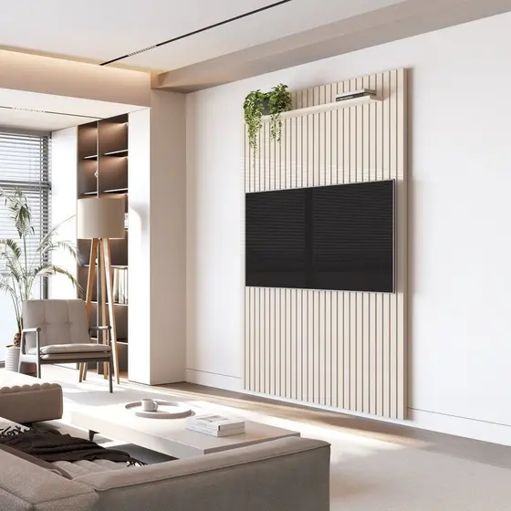 Painel Ripado para TV até 55 Polegadas 100% MDF 138,6cmx240cm Arbo Bege Off White Off White