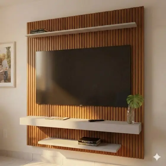 Painel para TV até 60 Polegadas 150cmx160,2cm 2 Prateleiras Impressão Móveis Bechara Leme Marrom Ripado/Off White