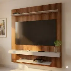 Painel para TV até 60 Polegadas 150cmx160,2cm 2 Prateleiras Impressão Móveis Bechara Leme Marrom Ripado/Off White