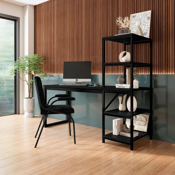 Escrivaninha Mesa Escritório com Estante Innovare 4 Prateleiras 170cm Industrial Preto Preto