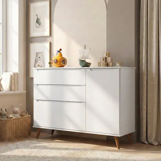 Cômoda Infantil 100% MDF com 3 Gavetas e 1 Porta Retrô Melinda Branca Branco