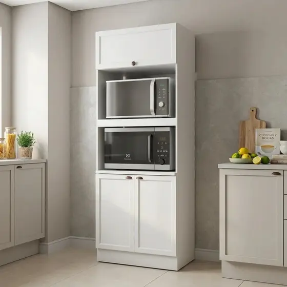 Paneleiro Duplo Torre Quente 3 Portas 2 Nichos para Micro-ondas 213x70cm Unna Yescasa Branco Branco