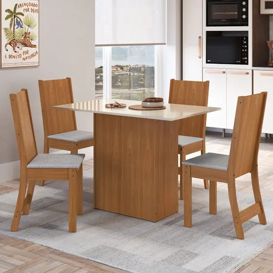 Conjunto Sala de Jantar 1 Mesa Tampo MDP Retangular com 4 Cadeiras Dalila Yescasa Freijó/Off White/Linho