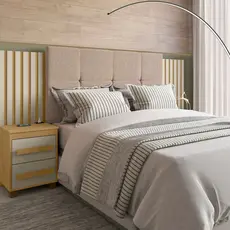 Cabeceira Estofada Extensível Casal/queen/king com 2 Mesas de Apoio 4 Gavetas Suiça Bege Cinamomo/Off White