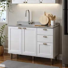 Balcão Para Cozinha 2 Portas 3 Gavetas Provençal sem Tampo Iluminata  Branco Fosco