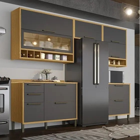 Cozinha Completa 100% Mdf 5 Peças 8 Portas e Vidro Reflecta 280cm Vicenza Espresso Móveis Amêndoa/Chumbo