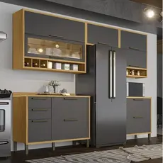 Cozinha Completa 100% Mdf 5 Peças 8 Portas e Vidro Reflecta 280cm Vicenza Espresso Móveis Amêndoa/Chumbo