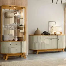 Conjunto Buffet Mônaco Cristaleira Moss Porta Curva Pés Palito MDF com LED e Branco Cumaru/Opala Cumaru/Opala