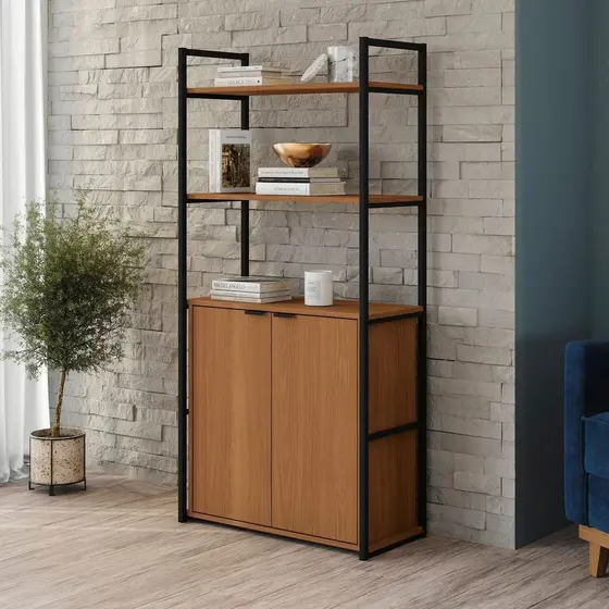 Estante de Livros Industrial Aço 72cmx151cm Alta 2 Portas Canela Preto Kappesberg Canela/Preto