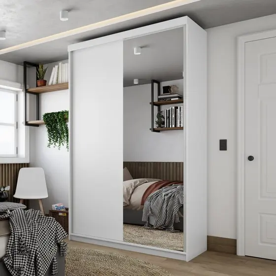 Guarda-roupa Solteiro 100% Mdf Bp com 2 Portas e 1 Espelho Geneve Branco