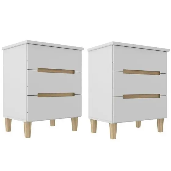 Kit 2 Mesas de Cabeceira 3 Gavetas 100% MDF Pés em Madeira Maciça LOGAN Yescasa