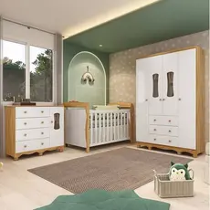 Quarto de Bebê Completo Berço 3 em 1, Guarda-roupa 4 Portas e Cômoda 100% MDF Aurora Espresso Móveis Branco