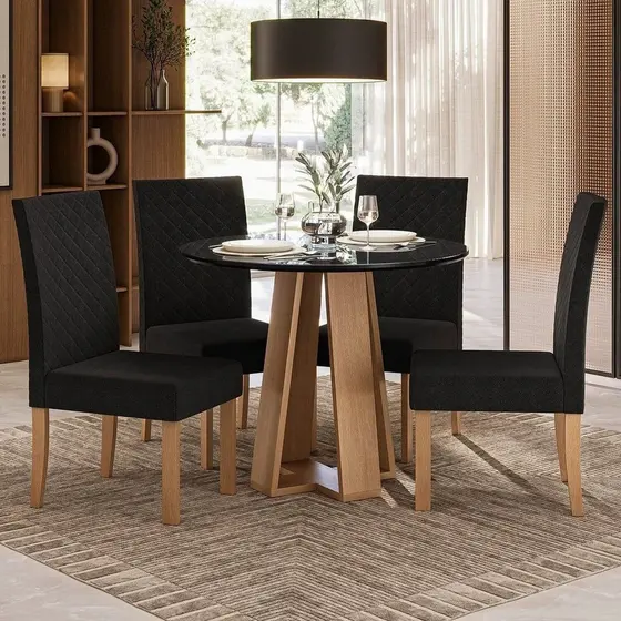 Conjunto Sala de Jantar 1 Mesa Redonda com 4 Cadeiras Mel/Preto