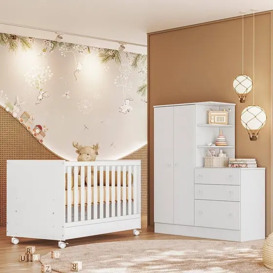 Quarto para Bebê Completo 2 Peças Guarda-Roupa com Cômoda e Berço Doce Sonho
