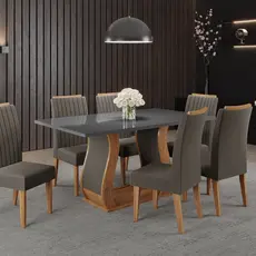 Conjunto Mesa de Jantar Retangular Manuela 160x80cm com Vidro e 6 Cadeiras Yescasa Grafite/Mel