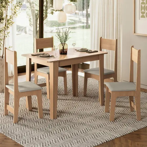 Conjunto de Jantar 4 Lugares com Mesa Retangular Tampo MDF 1,10m e 4 Cadeiras Delta Nicoli Mel/Bege