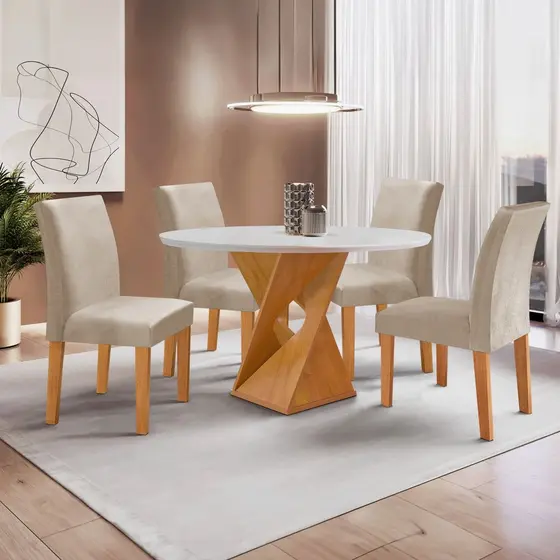 Conjunto Mesa Barcelona 100cm com 4 Cadeiras Espanha Tampo Slim Plus Redondo Yescasa Cinamomo/Off White/Veludo Bege