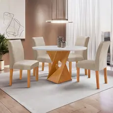 Conjunto Mesa Barcelona 100cm com 4 Cadeiras Espanha Tampo Slim Plus Redondo Yescasa Cinamomo/Off White/Veludo Bege