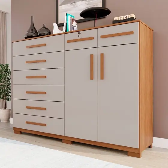 Cômoda para Quarto 2 Portas 8 Gavetas Esmeralda Expresso Móveis Cinamomo/Off White