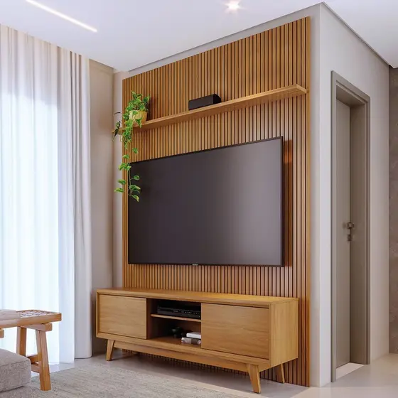 Rack com Painel para TV até 65 Polegadas MDF 179cmx303cm Frisado Milo Marrom Cumaru Cumaru