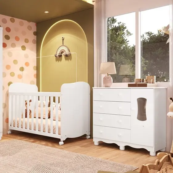Quarto de Bebê Cômoda com 1 Porta Janelada e Berço com Rodízios 100% Mdf Lana Espresso Móveis Branco/Brilho