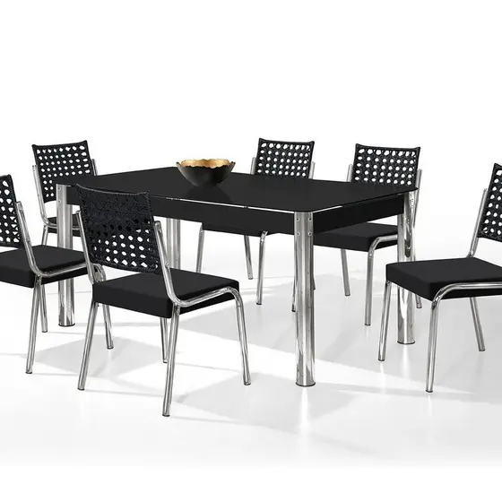 Conjunto Sala de Jantar Mesa Retangular com 6 Cadeiras Natani Yescasa Cromado/Preto