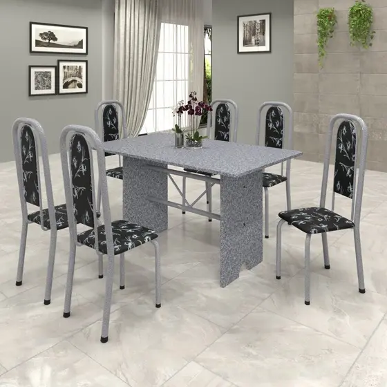 Conjunto de Mesa 140x75cm Tampo Granito com 6 Cadeiras Lavínea Martelado Pérola/Ocre/Preto Floral