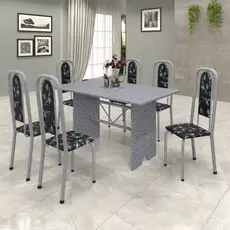 Conjunto de Mesa 140x75cm Tampo Granito com 6 Cadeiras Lavínea  Martelado Pérola/Ocre/Preto Floral