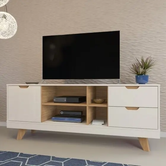 Rack para TV até 60 Polegadas 160cm 2 Gavetas Michigan Bege Off White/Carvalho Off White/Carvalho