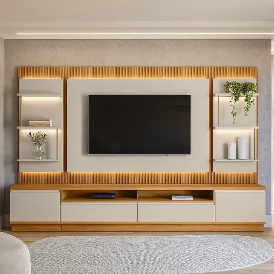 Rack Painel Ripado para TV até 70 Polegadas com LED MDF 297cmx198cm São Paulo Branco Tauari/Off White Fosco 297