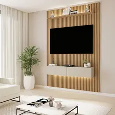 Painel para TV até 50 Polegadas com LED MDF 134cmx218cm Frisado em Duplo Curitiba Marrom Cinamomo/Off White 134