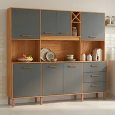 Cozinha Compacta 7 Portas 3 Gavetas com Nicho para Microondas e Garrafeiro Modena Yescasa Cinamomo/Grafite