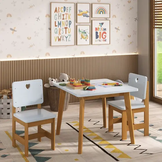 Conjunto Infantil Mesa com 2 Cadeiras Sofia  Madeira maçiça e MDF   Azul/Mel