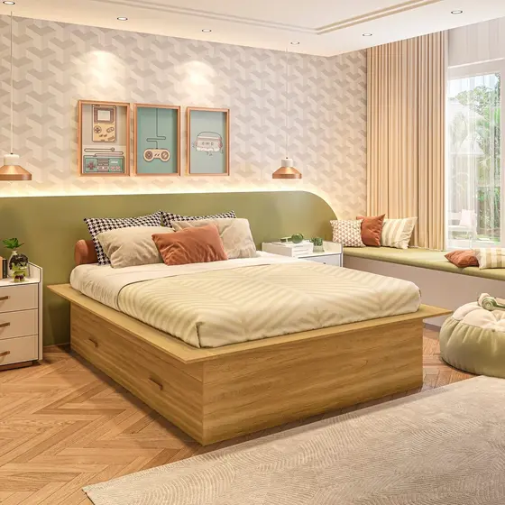 Cama Infantil Casal/Queen com 4 Gavetas Gades Yescasa Freijó