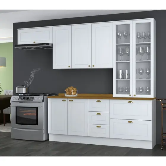 Cozinha Compacta 5 Peças 8 Portas 5 Gavetas Tampo Amadeirado Emily Espresso Móveis Branco HP/Nature