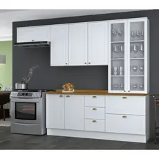 Cozinha Compacta 5 Peças 8 Portas 5 Gavetas Tampo Amadeirado Emily Espresso Móveis Branco HP/Nature