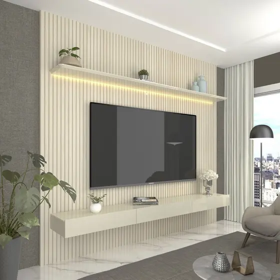 Painel para TV até 90 Polegadas LED 100% MDF 224cmx250cm Impressão Ripada com Gaveta Requinte Branco Off White Off