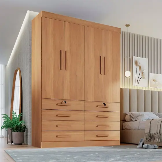 Guarda Roupa Solteiro MDF 4 Portas 8 Gavetas Marselha Plus Cinamomo