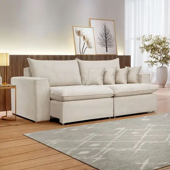 Sofá Retrátil 3 Lugares Linho Bege Barcelona 200cm Yescasa Linho Cru