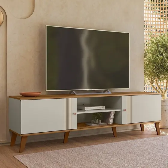 Rack para TV até 75 Polegadas MDF 180cm Denver 2 Portas Branco Off White/Nature Off White/Nature